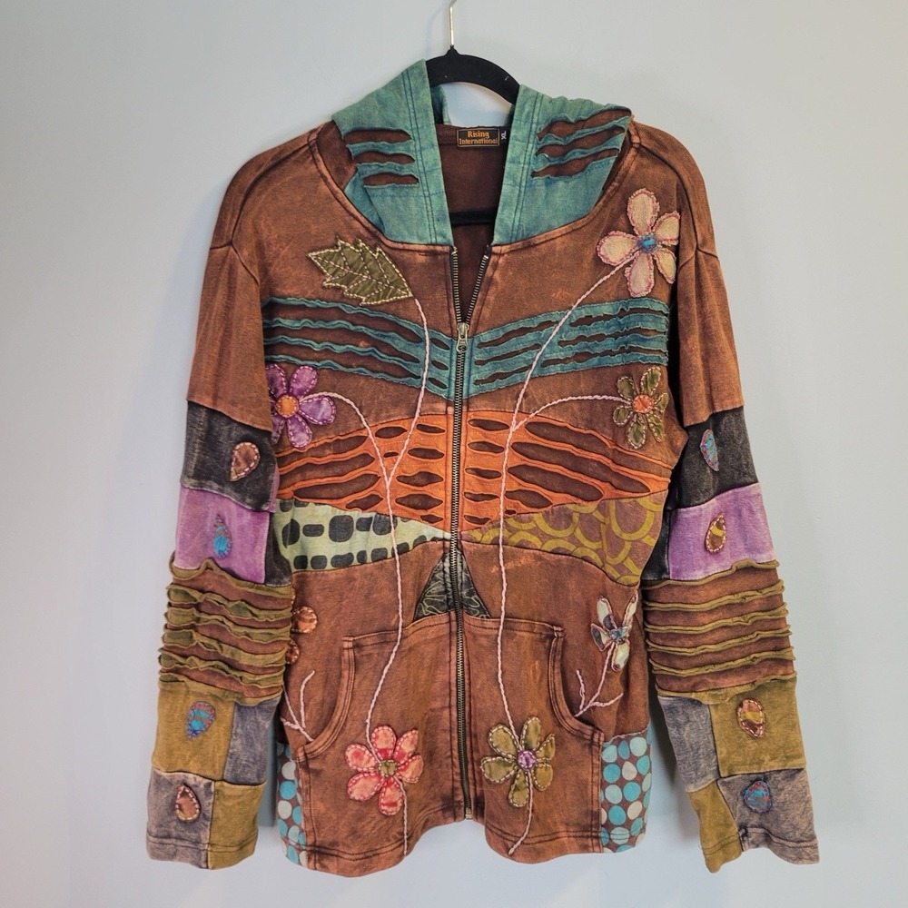 Rising International Sweater Women's Size XL Brown Multicolor Patchwork Full Zip